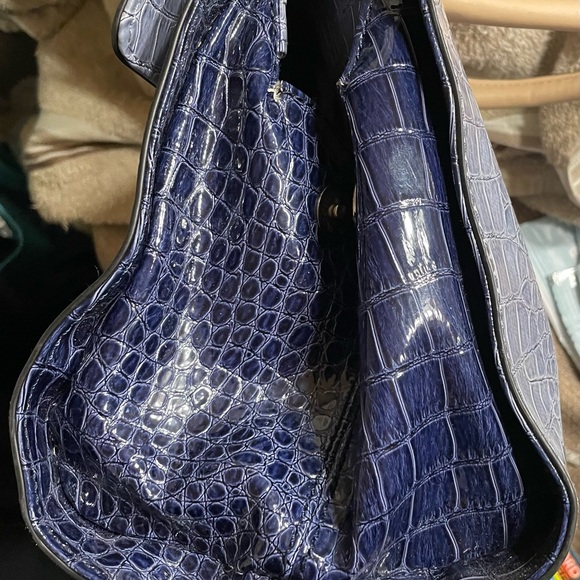 GUESS Croc-Embossed Satchel in Blue and Cream - Picture 3 of 4